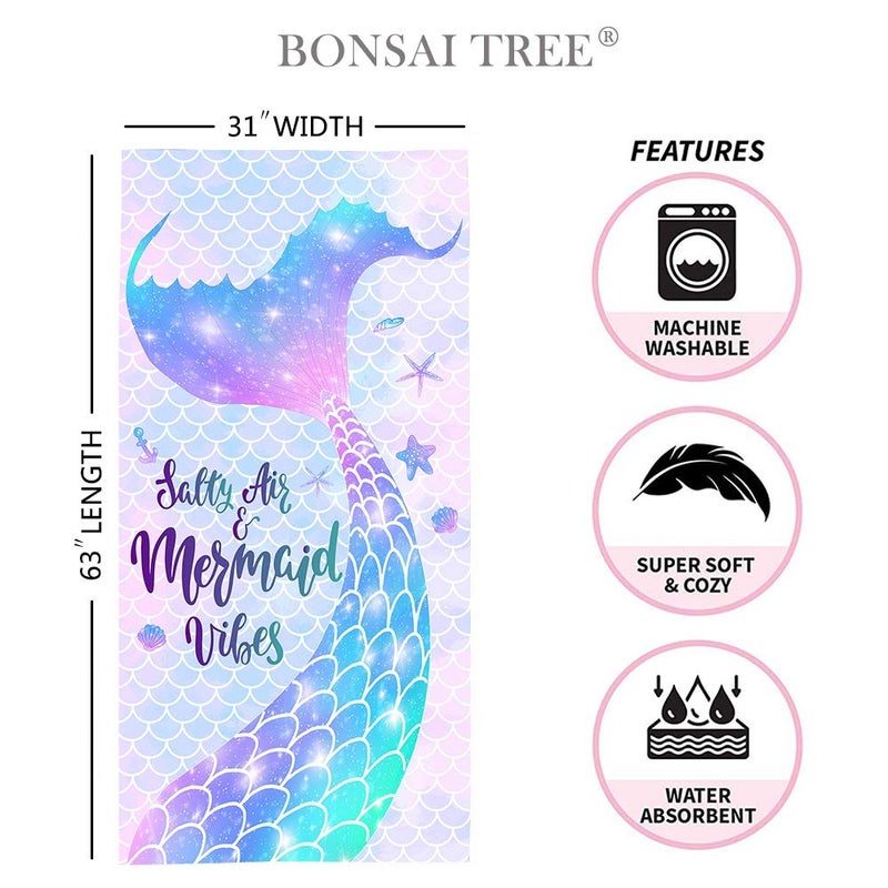 Bonsai Tree Mermaid Beach Towel, Mermaid Tail Cute Microfiber Bath Towel for Girls, Mermaid Scales Sand Free Quick Dry Womens Travel Towels for Yoga Sports 31" x 63" - Image 2